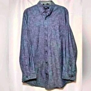Lands' End Mens Tailored Blue Long Sleeve Cotton Button-down Shirt